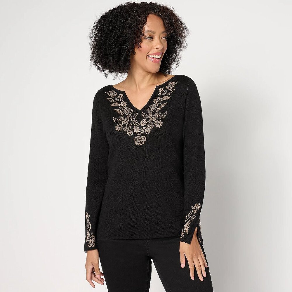 Susan Graver Split Neck Jacquard Sweater - Black Sz 1X a675797
